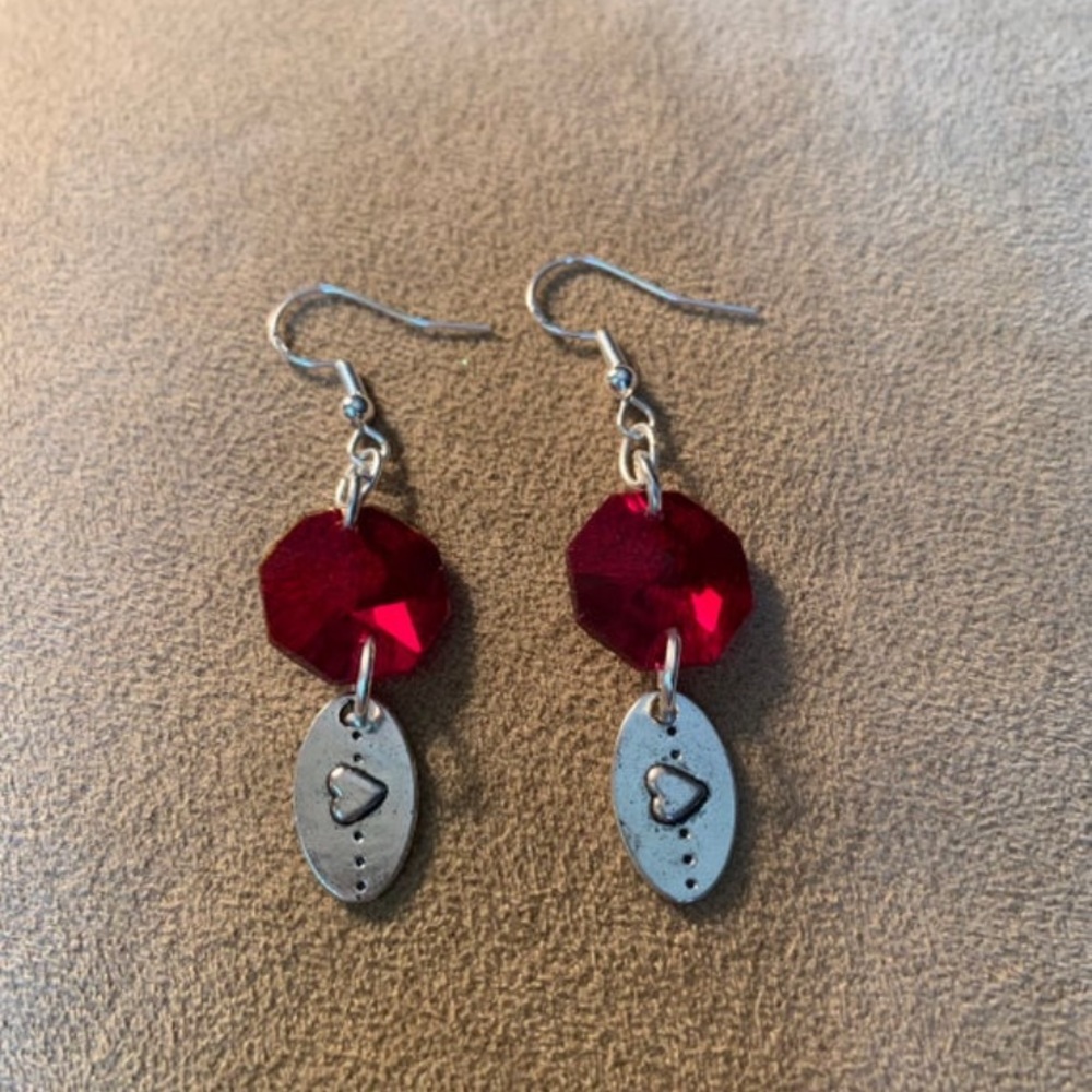 Silver and Red Crystal Heart Earrings